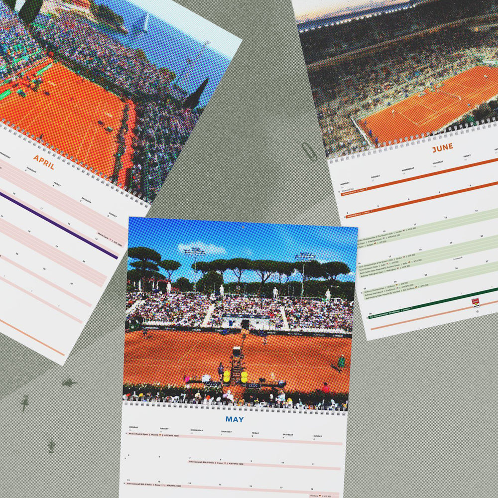 ATP and WTA inclusive tennis schedule for 2025. Several calendars are open, featuring the dates of several tennis tournaments, such as the Roland Garros French Open 2025, the Monte Carlo Rolex Masters and the Rome Internazionali BNL d'Italia tennis tournament. 