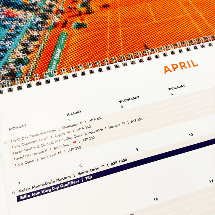 2025 WTA and ATP tennis schedule 2025. The calendar is open to the month of April, featuring the dates of several clay court tournaments, including the Rolex Monte-Carlo Masters. 