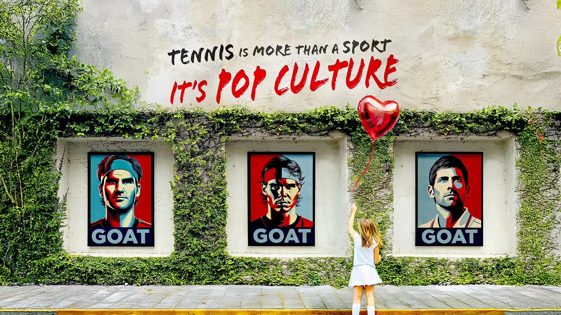 Welcome banner for the Tennis Fan Store - Posters of Roger Federer, Rafael Nadal and Novak Djokovic are featured. A little girl holding a heart-shaped balloon evokes Bansky piece. The slogan is hand-painted and says "tennis is more than a sport, it's pop culture". The store sells tennis fan apparel, accessories and gifts.